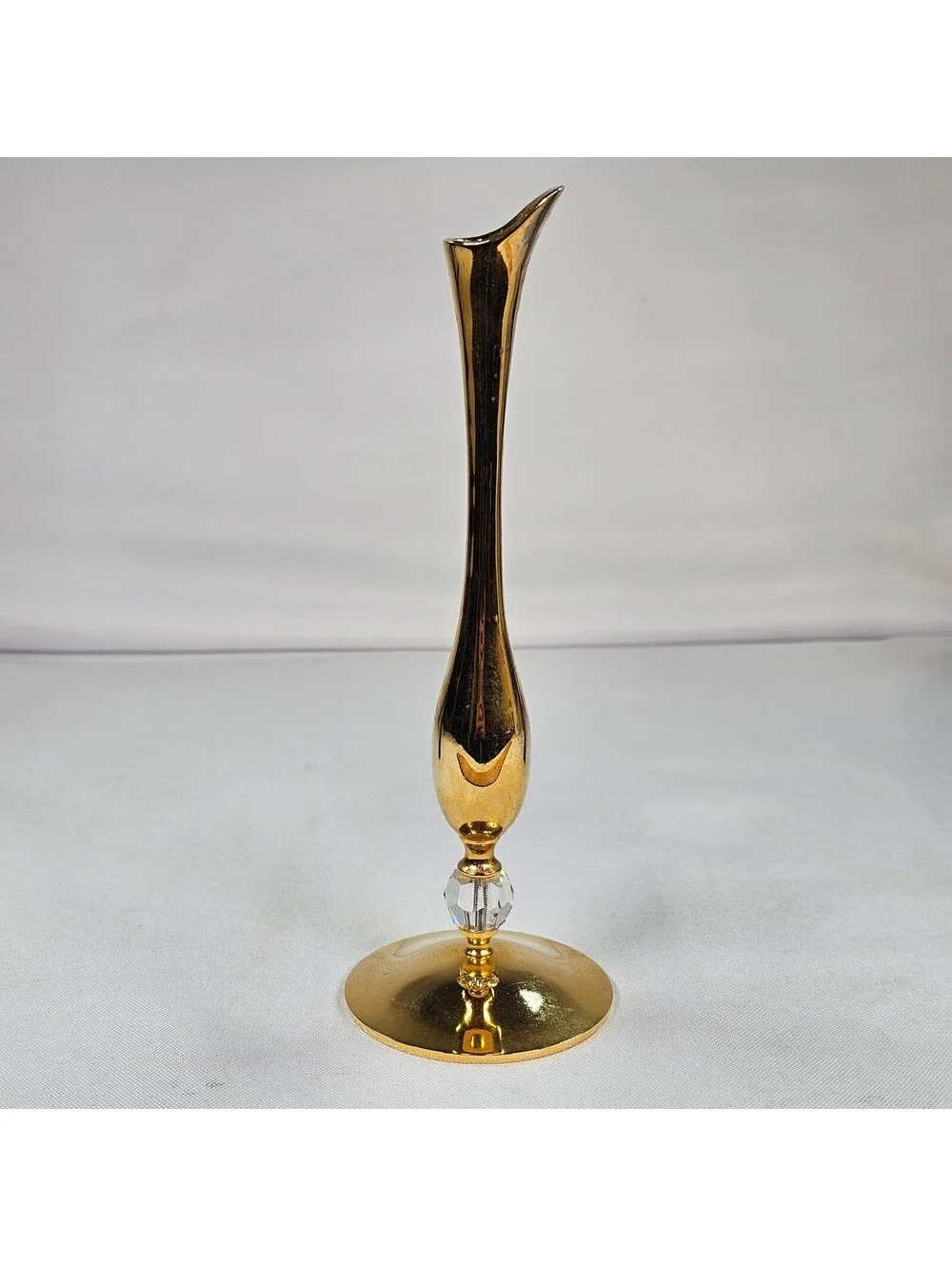 Vintage Brass Bud Vase Slender Mid Century Modern MCM Crystal Accent 6.75